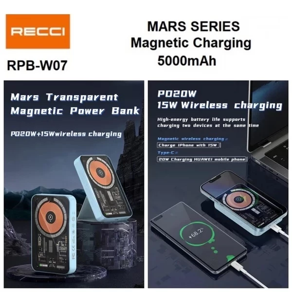 RECCI RPB-W07 MARS SERIES 5000mAh Powerbank PD 20W Wireless Charge 15W Magnetic Charging
