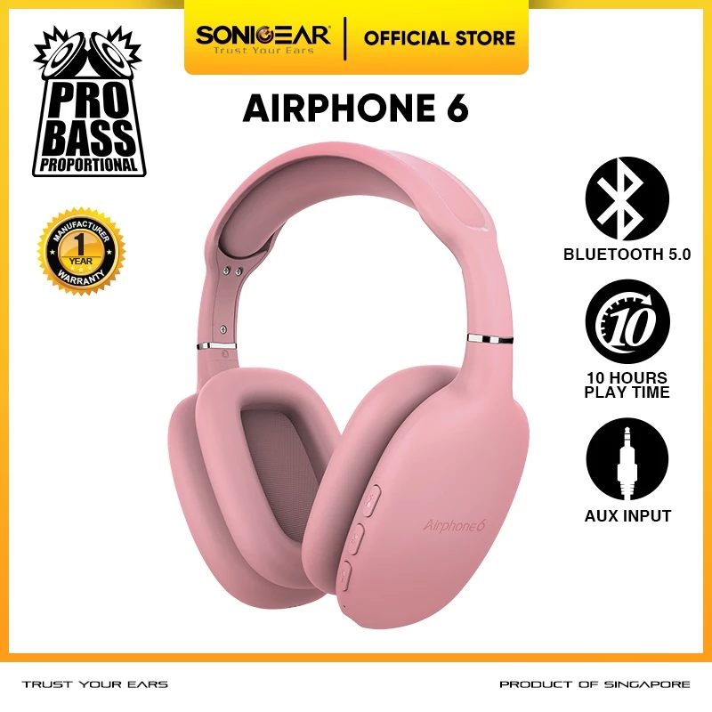 Headset Bluetooth Headphone Wireless SonicGear AirPhone Series Warna Pink