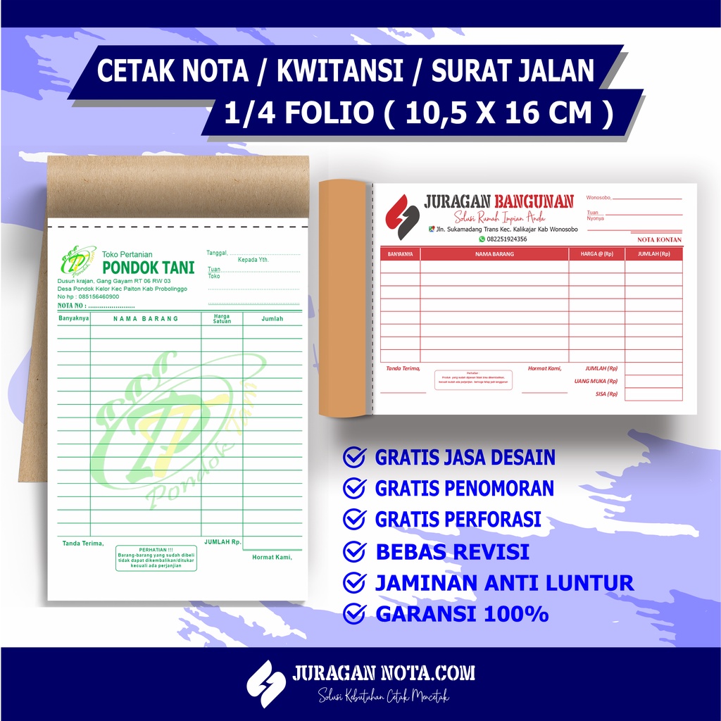 Jual CETAK NOTA CUSTOM 3 PLY 1/4 FOLIO / KWITANSI / SURAT JALAN CUSTOM ...