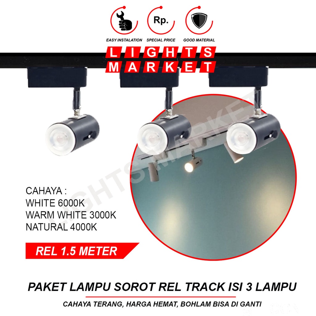 Jual Paket Lampu Sorot Rel Isi 3 Spotlight LED Reel Track Light Rell 1. ...