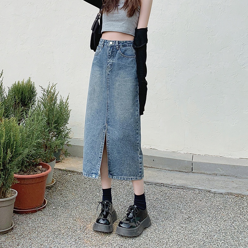 Jual yikoo-Rok denim wanita korea rok long skirt pembahagian depan ...