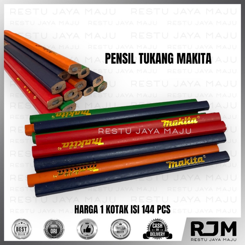 Jual [144 Pcs] Makita Pensil Tukang Kayu Bangunan Merah Biru Gesek