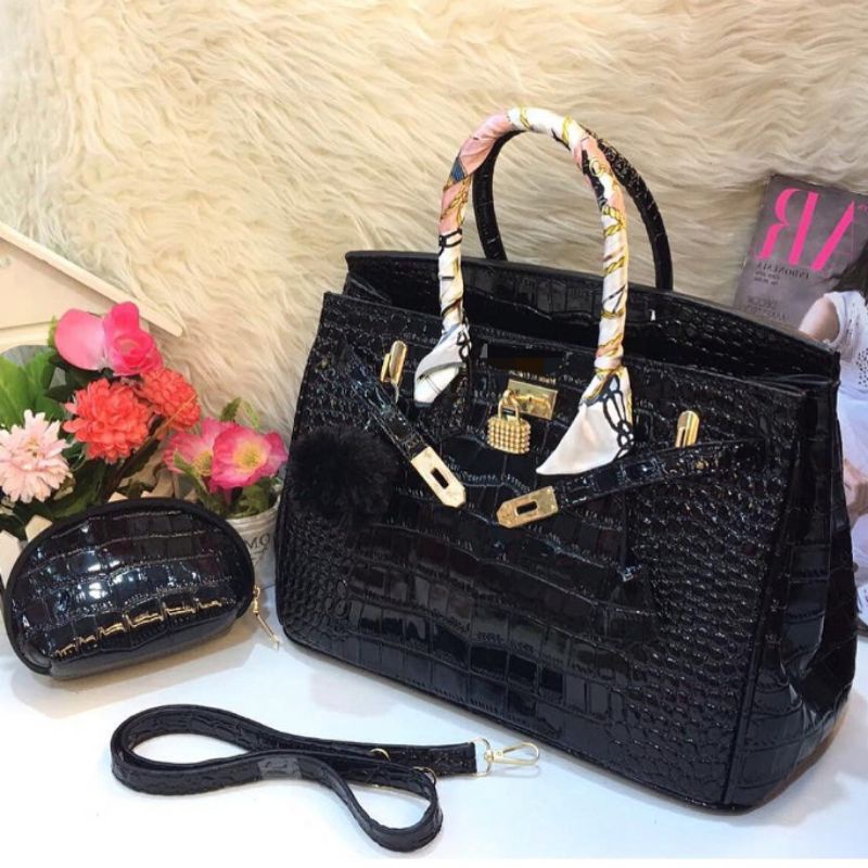 Jual Tas Croco Glossy UKURAN BESAR Gantungan Pompom & Dompet & Syall ...