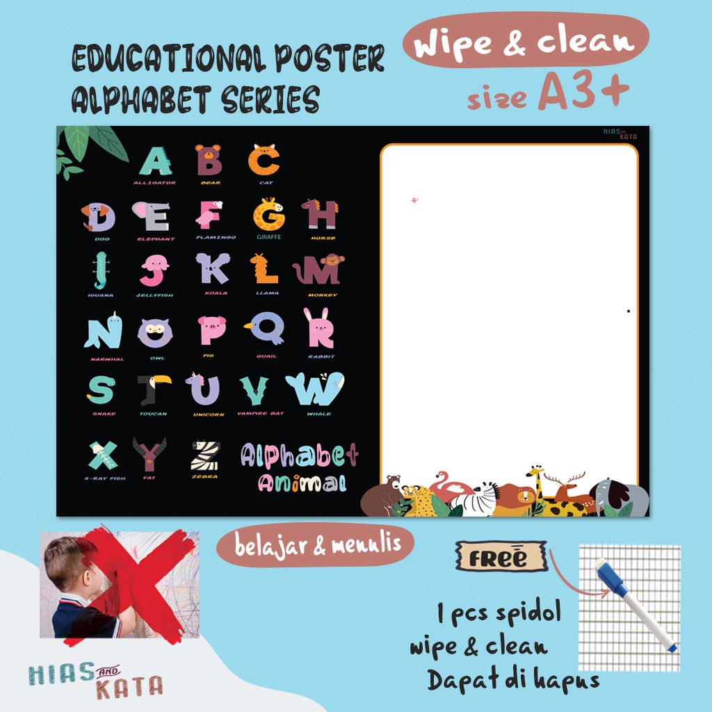 Jual Poster Edukasi Anak Wipe & clean Alfabet Huruf Tema binatag bisa ...