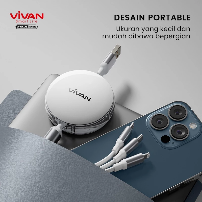 VIVAN Kabel Data 3 in 1 Fast Charging 6A 66W Micro USB, Lightning, Type C VRS02 - Garansi Resmi