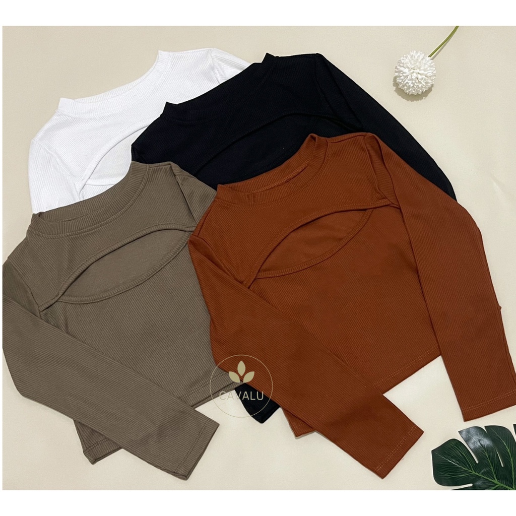 Jual CAVALU Longsleeve Crop Top Rajut Korean Knit Top Kaos Lengan ...
