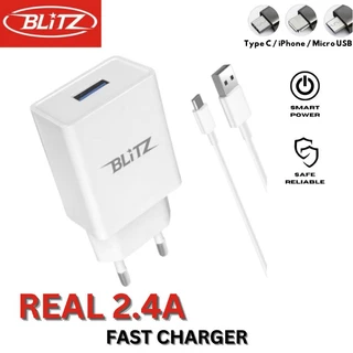 BLiTZ CB-224 Fast Charger Real 2.4A Adaptor + Kabel Micro USB / Lightning / Type C / Tanpa Kabel