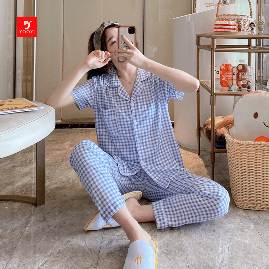 Jual Yooyi Baju Tidur Wanita Piyama Cewek Set Kemeja Lengan Pendek ...
