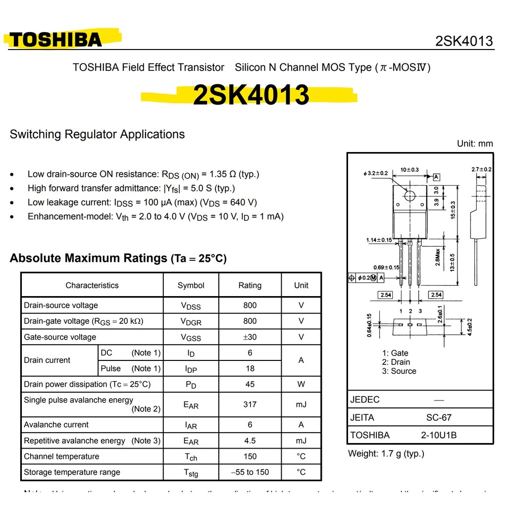 Jual 2SK4013 K4013 800V 6A N-Channel MOSFet TO-220F Toshiba Original ...