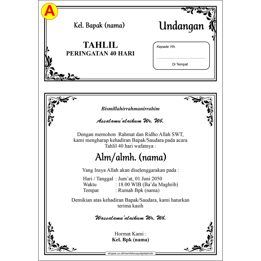 Jual UNDANGAN TAHLIL/UNDANGAN KENDURI/UNDANGAN WALIMATUL URSY/WALIMATUL