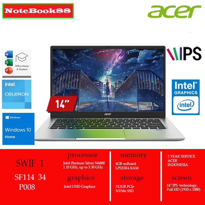 Acer SF114-34-P5YB - Pentium N6000 - 128 GO NVMe - 4 GO RAM 250