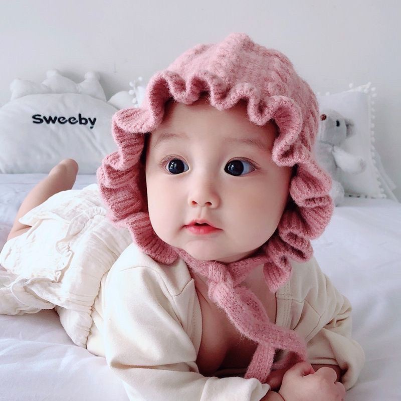Topi Bayi Bonnet Ruffle hat baby girl perempuan import Rajut