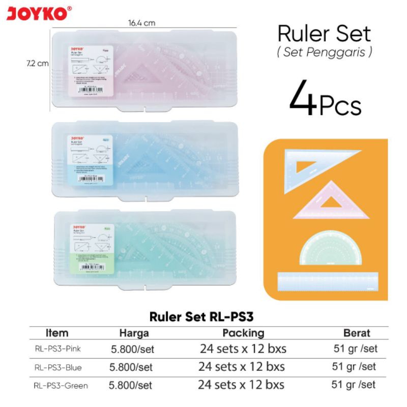 Jual Ruler Set RL-PS3 Joyko (Harga tertera 1 set 4pcs) | Shopee Indonesia