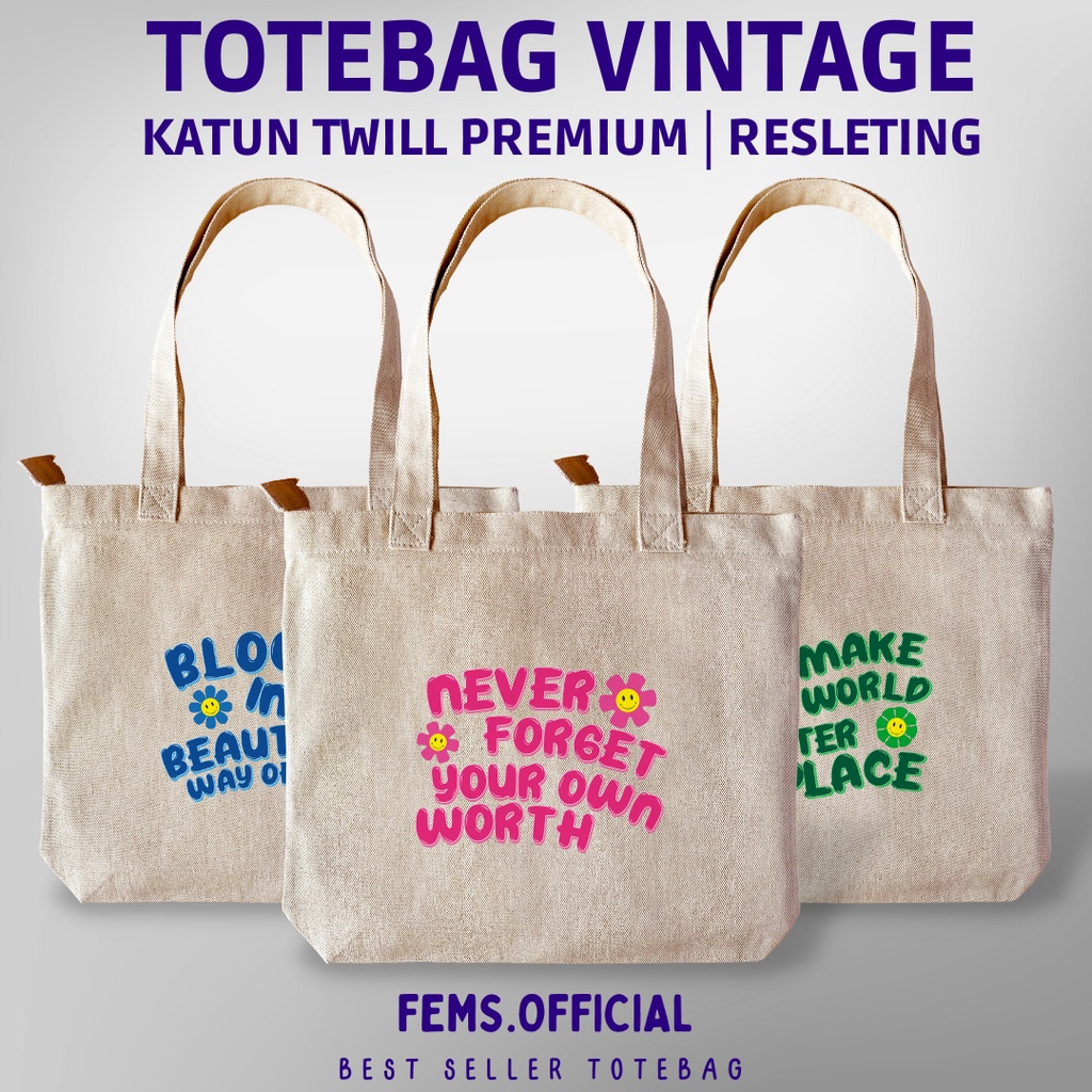 Jual Totebag Kanvas Wanita Aesthetic Resleting Tote Bag Kuliah Fashion