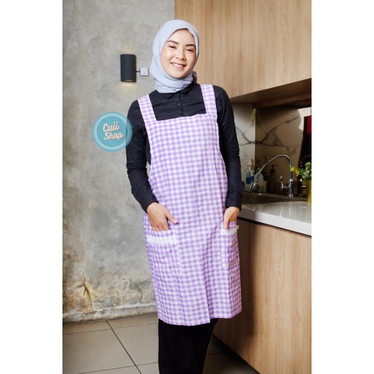 Jual Apron Korea Y Strap Full Badan Celemek Masak Gaya Kekinian Motif Kotak Gingham By Cuii