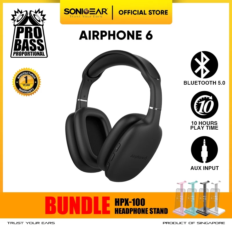 Headset Bluetooth Headphone Wireless SonicGear AirPhone 6 with Mic | Up to 10 Hours PlayTime Bundle Stand Headset