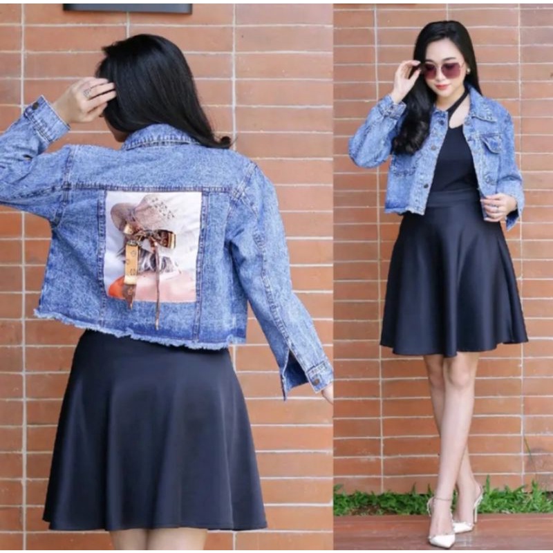 Jual JAKET PITA CROP JEANS CEWEK JACKET DENIM WANITA CROP RIPPED JINS