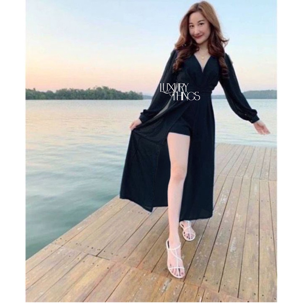 Jual Baju Set Pantai Wanita One Set Lengan Panjang Korean Style V Neck Dress Pantai Setelan