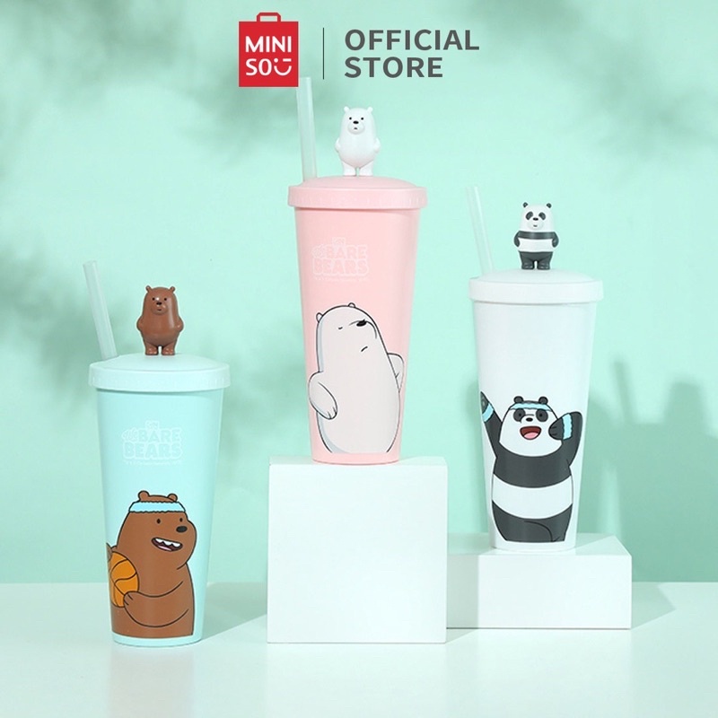 MINISO We Bare Bears- Water Bottle with Straw (Type B) Grizzly Bear