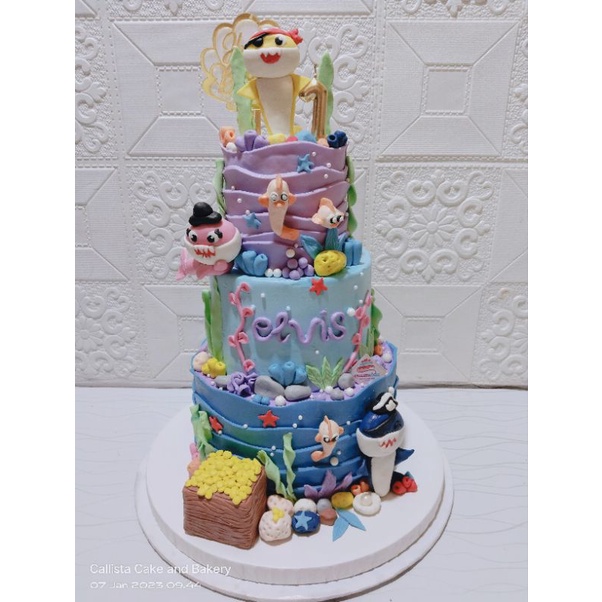 Jual Kue Ultah Tema Baby Shark 3 Tier/ Cake Ultah Cantik Karakter Baby