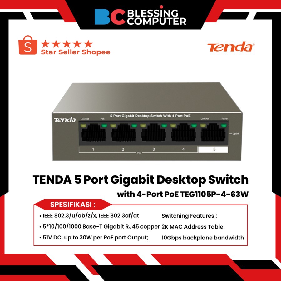 Tenda 5-Port Gigabit PoE Switch - Ideal Für IP-Kameras & Netzwerke