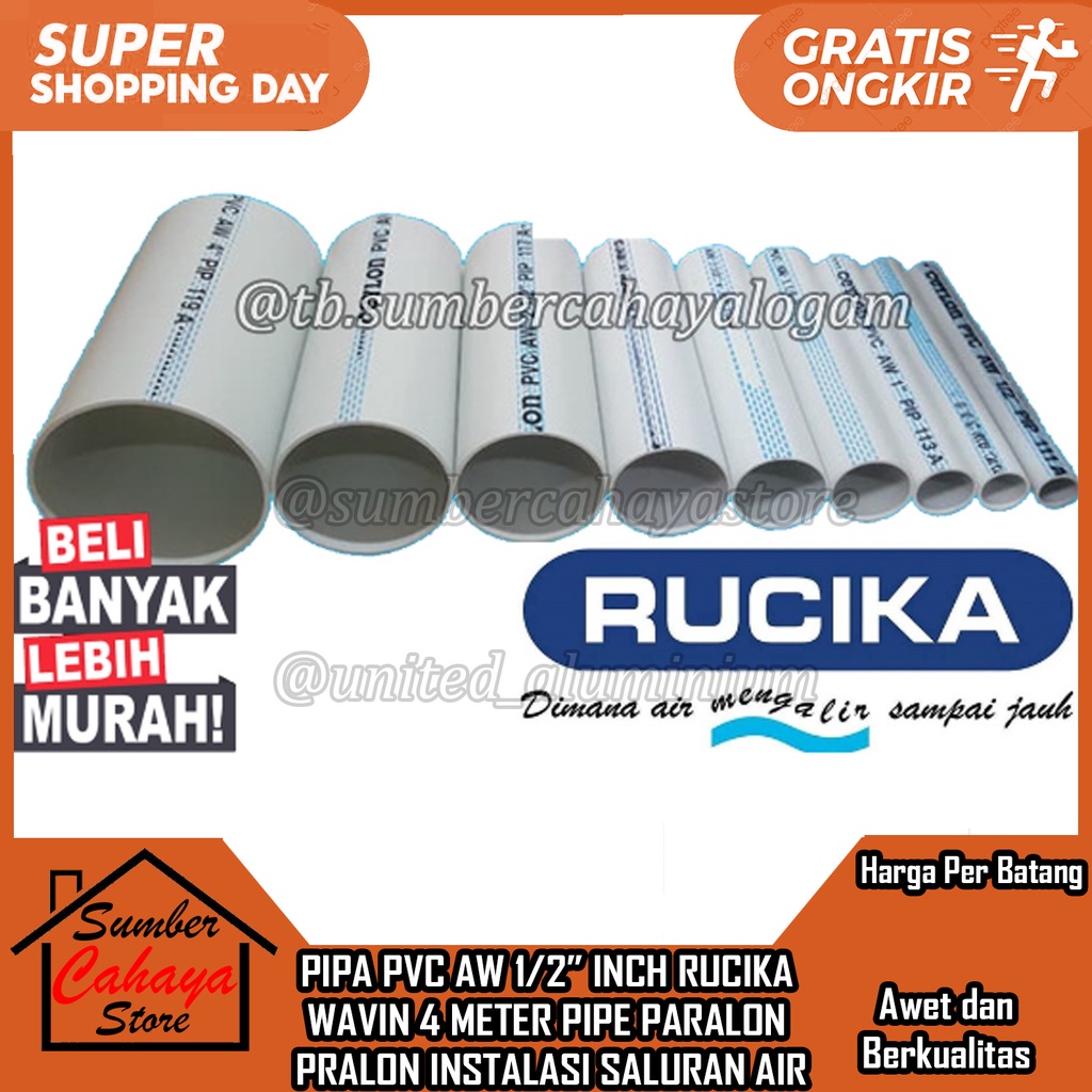 Jual Pipa PVC Paralon 1/2" Inch Wavin Rucika AW 4 Meter Pralon Per