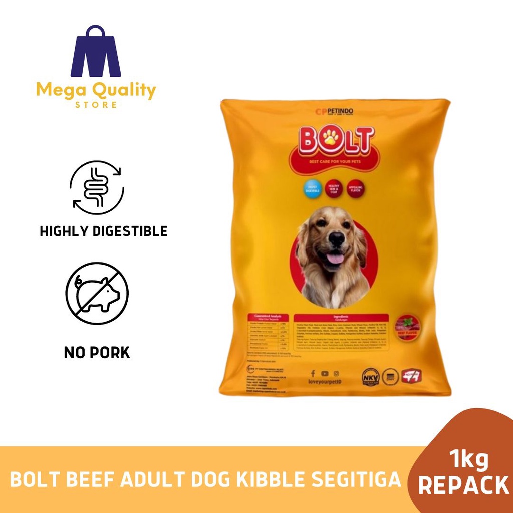 Jual Bolt Beef Adult Dog Food Kibble Segitiga Repack 1kg | Shopee Indonesia