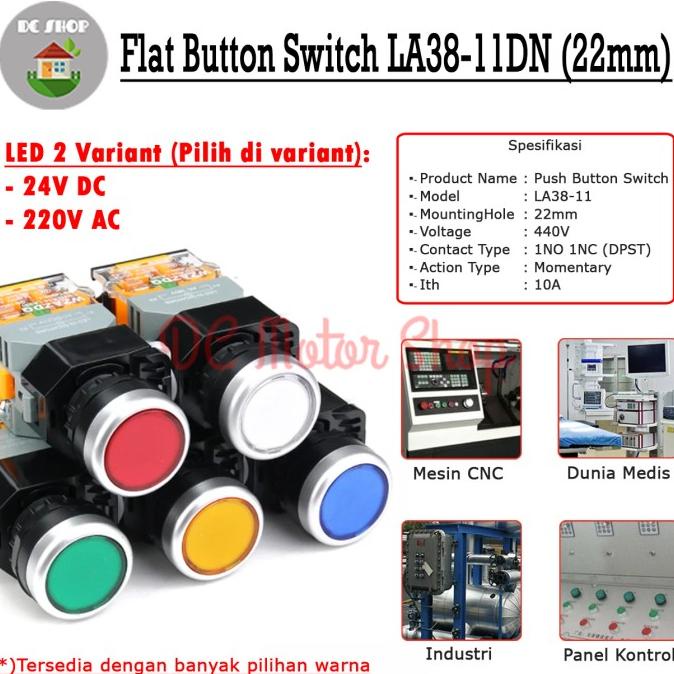 Jual Illuminated Push Button LED 12V/24V/220V 22mm Self Return LA38 ...