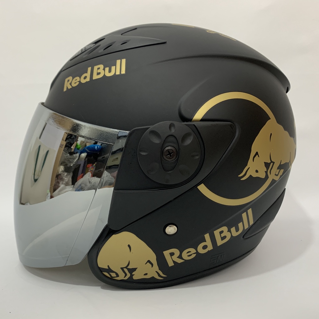 Jual Helm Vision RedBul (Gold) Hitam Doff Kaca Iridium Silver Pelangi