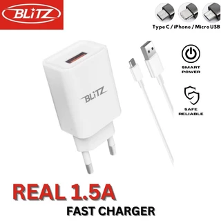 BLiTZ CB-152 Fast Charger Real 1.5A Adaptor + Kabel Micro USB / Lightning / Type C / Tanpa Kabel