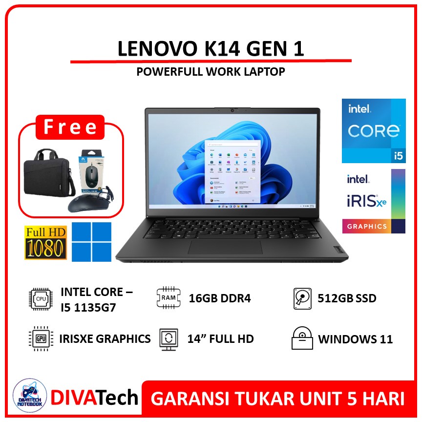 Jual Lenovo K14 Gen 1 i5 1135G7 Max RAM 32GB 512GB SSD 14.0 FHD W11