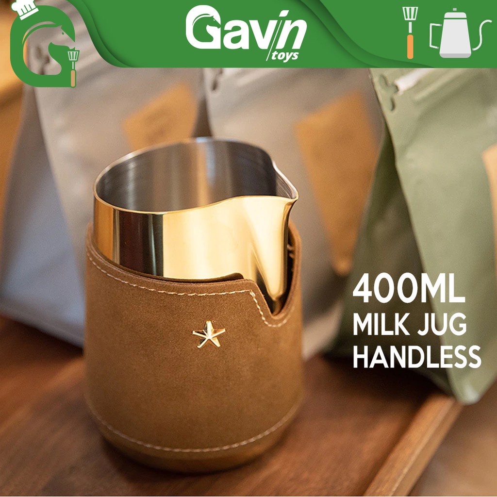 Jual Handless Milk Jug 400ml Jug Susu Barista Handle Free Leather Gold ...