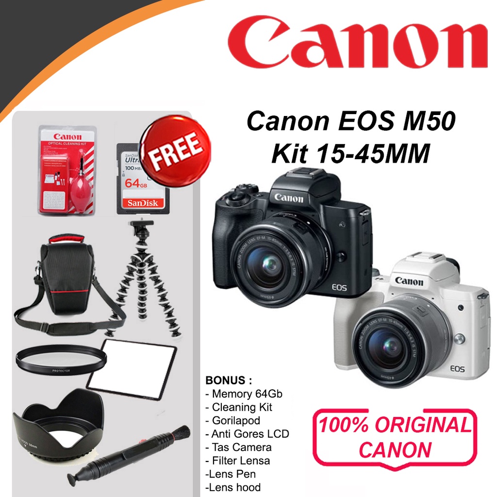 Jual CANON EOS M50 KIT 15-45MM IS STM WIFI ORIGINAL PAKET BONUS LENGKAP ...
