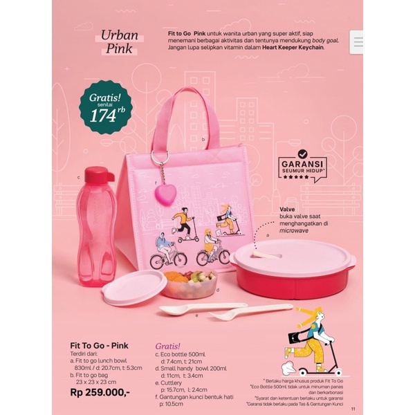 Tupperware fit to go microwaveable pink with gift bekal makan set