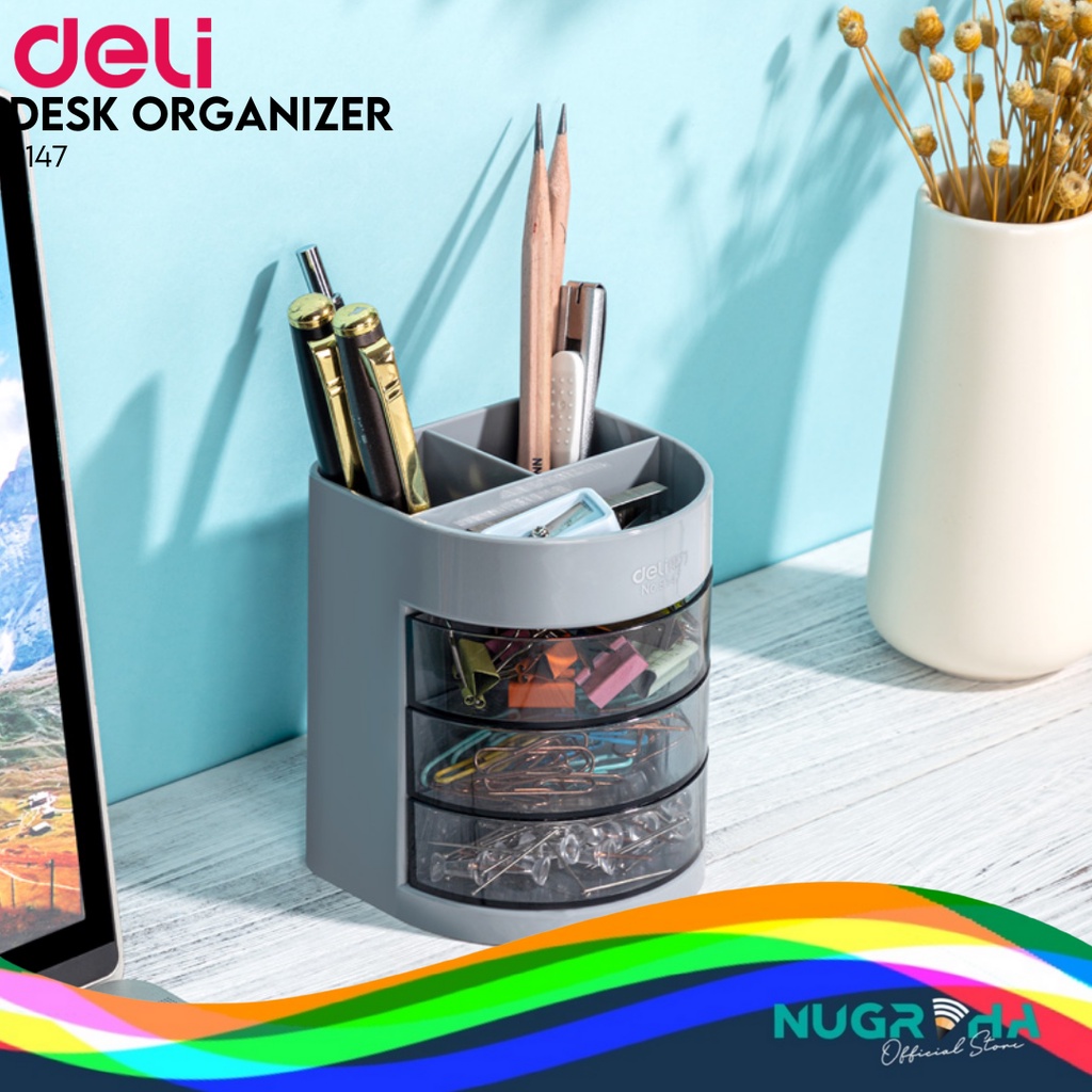 Jual TEMPAT PULPEN MEJA PEN HOLDER CUP DELI 9147 3 LACI STATIONERY
