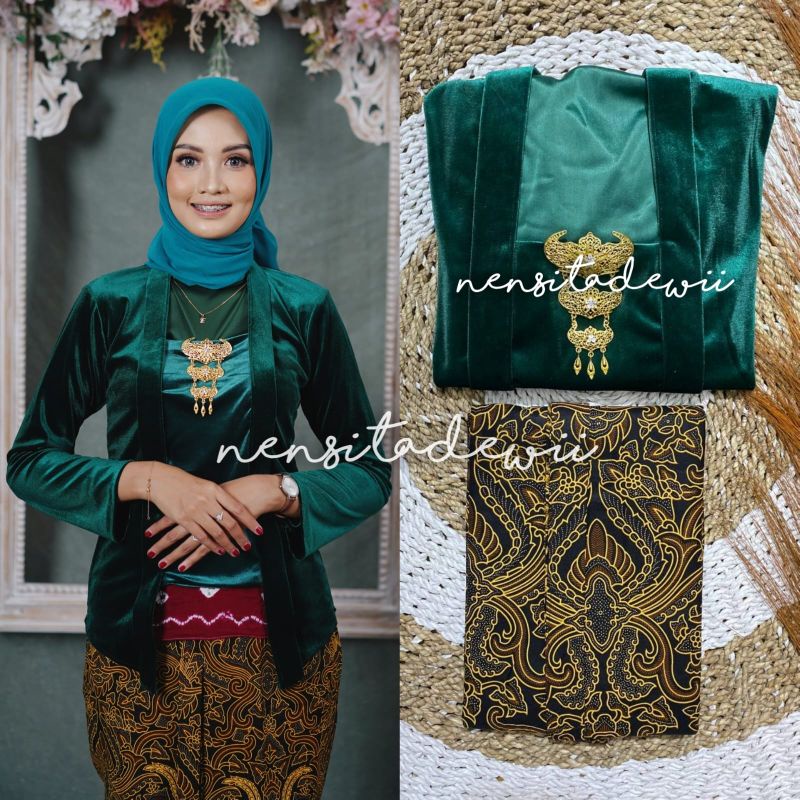 Jual [1 Set, DH01A] Kebaya Kutubaru + Jarik Instan / Nuansa Hijau Botol