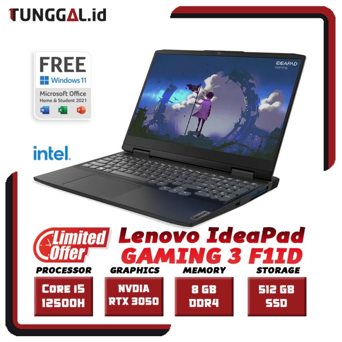 Jual Lenovo Ideapad Gaming 3i F1ID i5 12500H 16GB 512SSD RTX3050