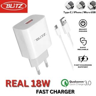 BLiTZ CB-218 Fast Charger 18W Real Qualcomm QC3.0 Adaptor Charging Kabel Micro USB / Lightning / Type C Fast Charging
