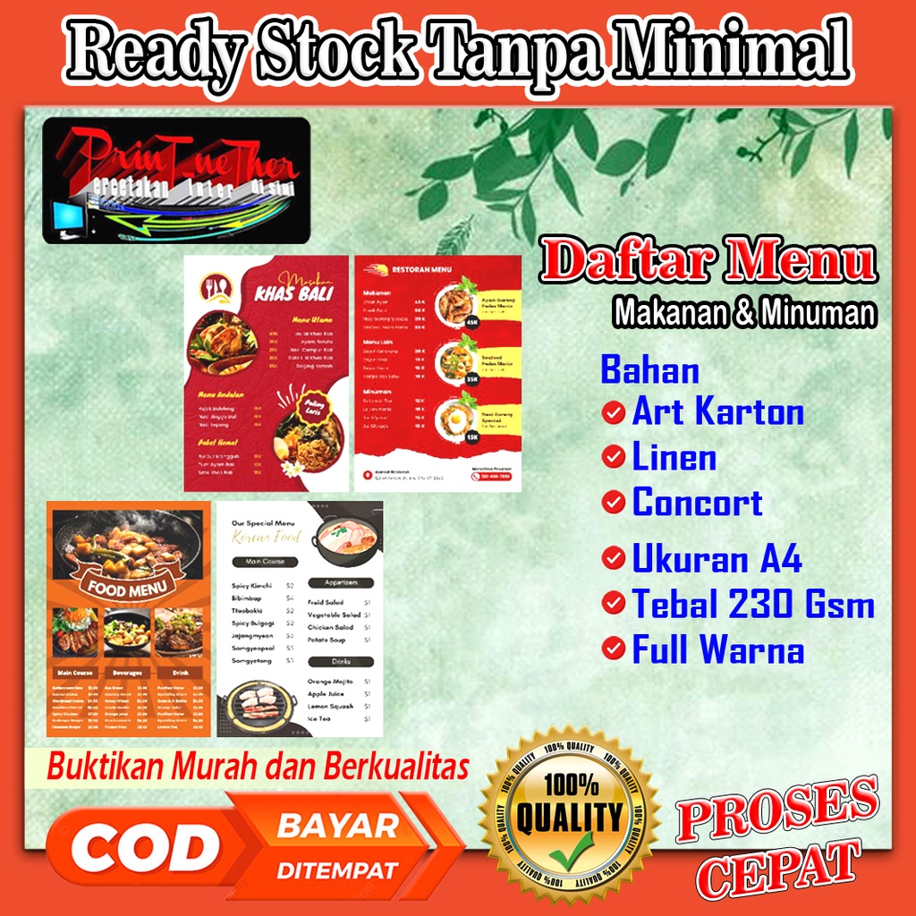 Jual Daftar Menu Kertas Art Karton, Concort, Linen 230 gsm. Cetak ...