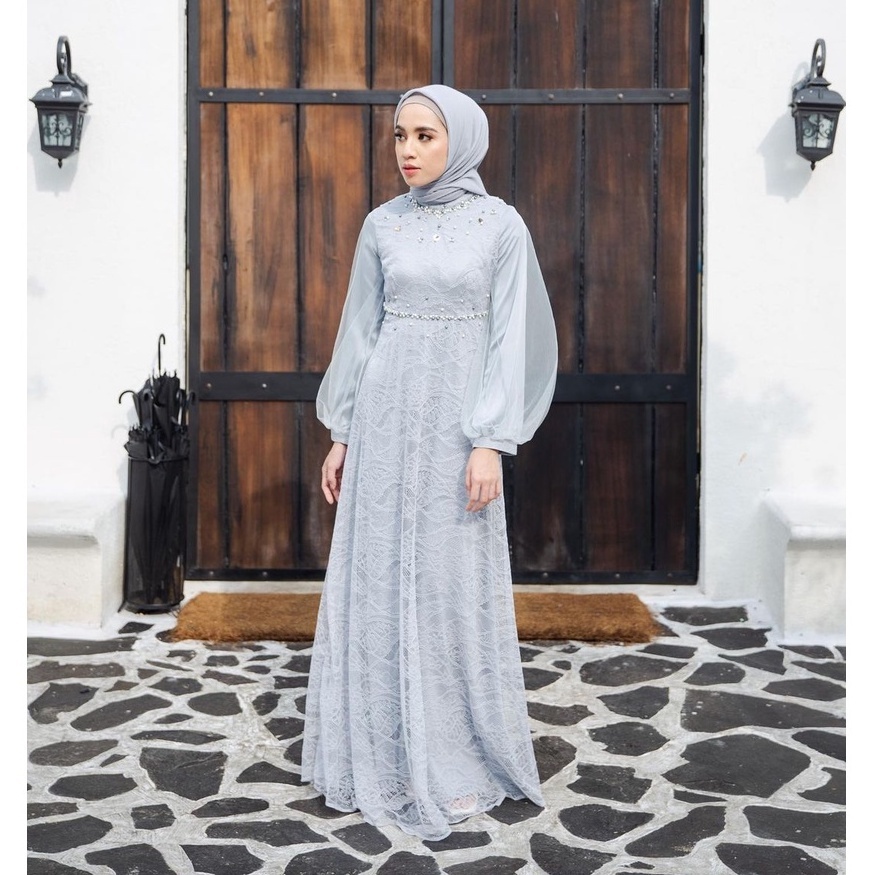 Jual Salwa Nadine Exclusive Dress Brokat Maxy Premium Kombinasi Tille Mutiara Baju Lebaran