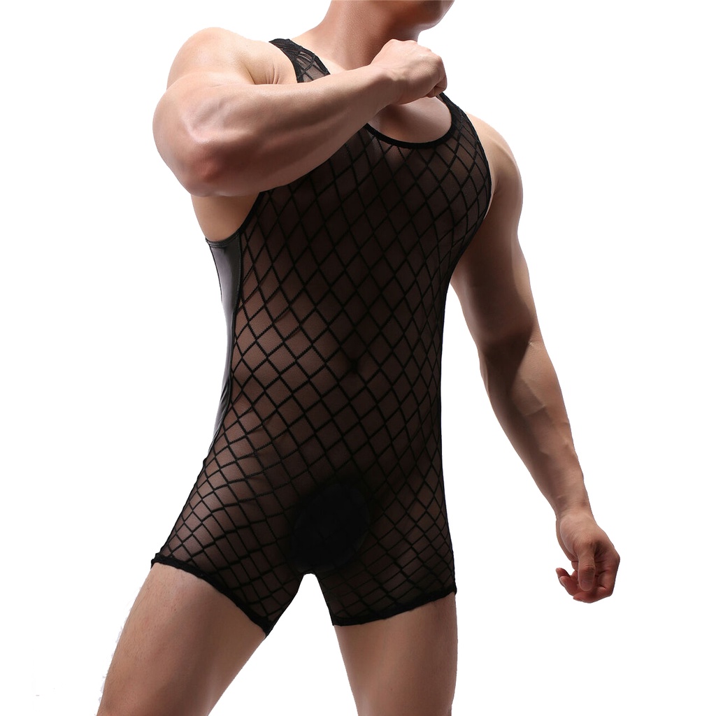Jual Sexy Mens Bodysuits Fishnet Sheer Leotard Male Shorts Jumpsuit ...