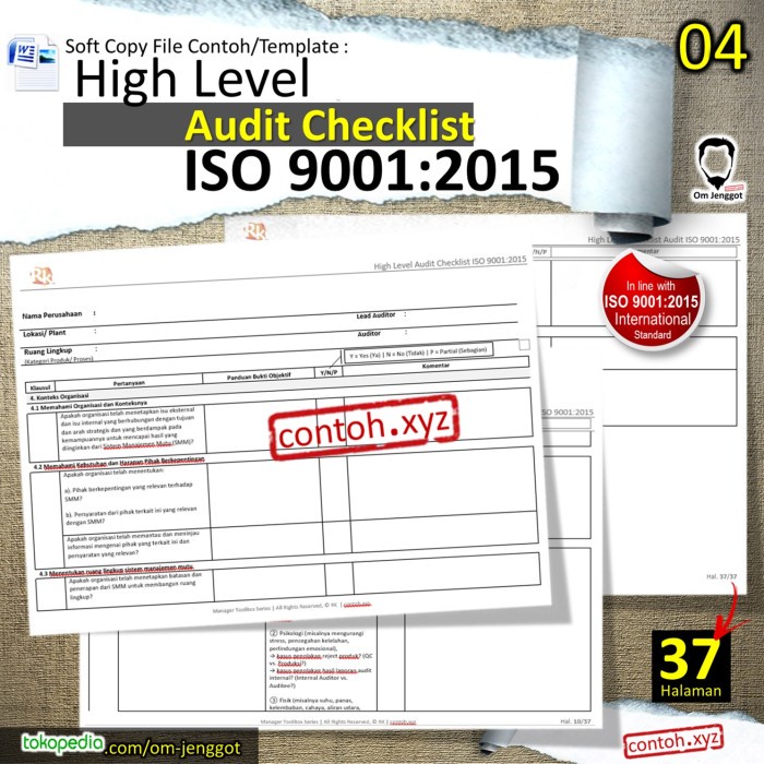 Jual Manajemen Contoh High Level Audit Checklist Iso 9001:2015 Bahasa ...