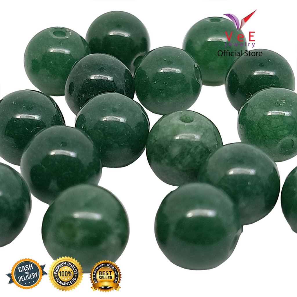 Jual Butiran Batu Giok Burma Jadeite Asli 10mm Hijau Tua Grade A Vee Batu Alam Terapi 6924