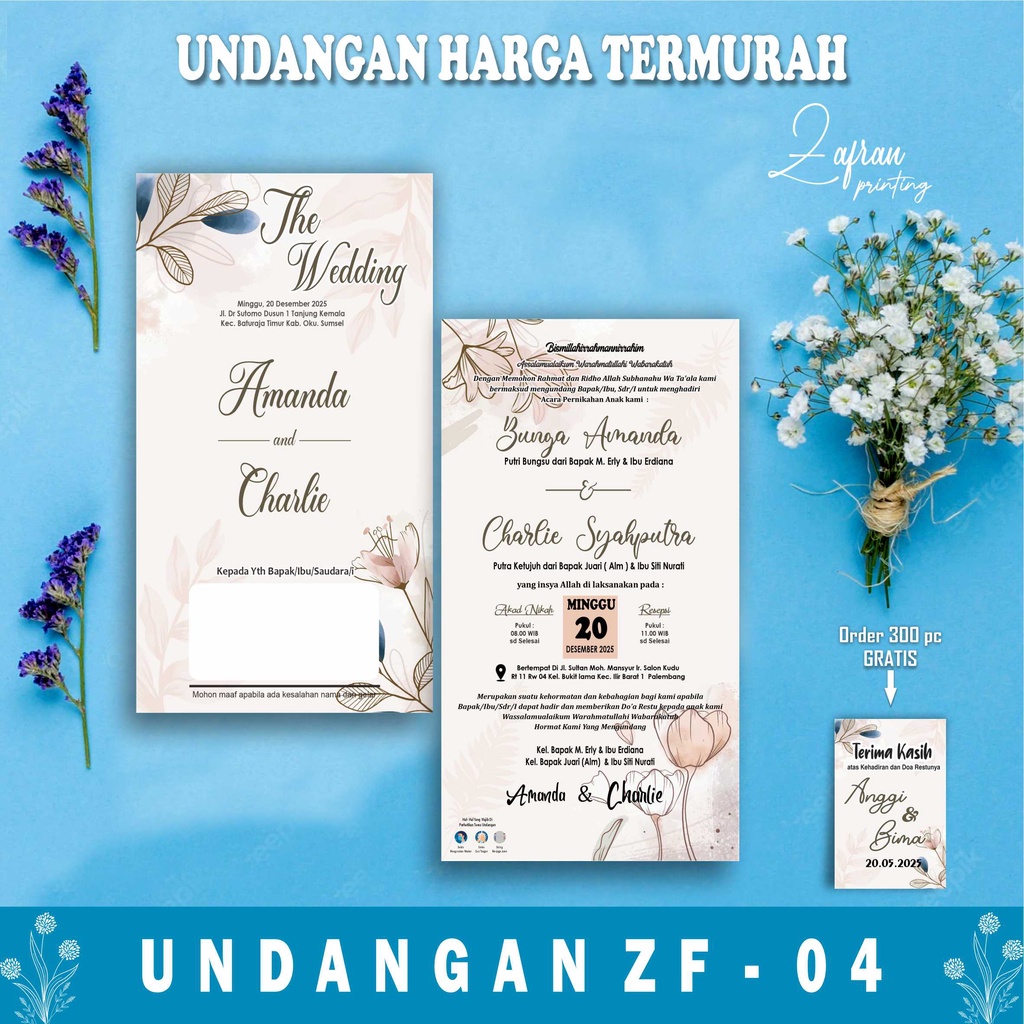 Jual Undangan Pernikahan 1 Lembar Murah, Cantik, Elegant, Simpel