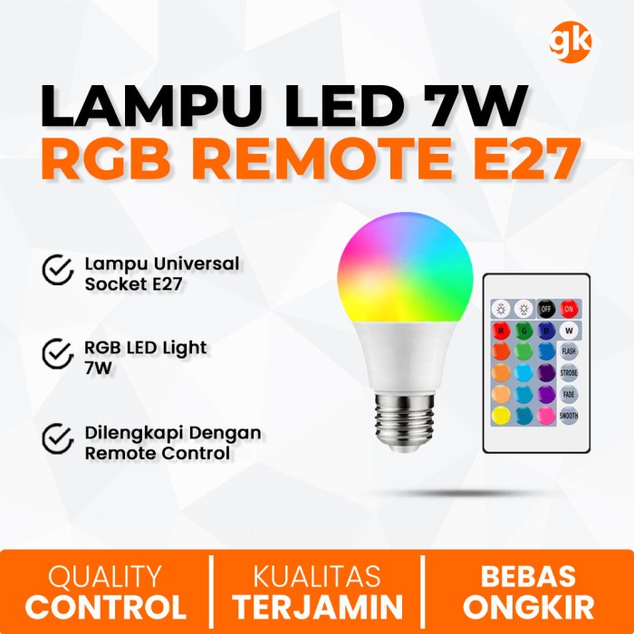 Jual Lampu LED RGB 7W Socket E27 Bohlam 7 Watt Warna Warni + Remote ...