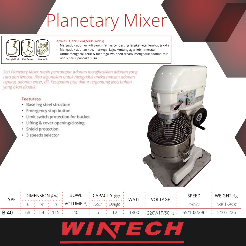 Jual PLANETARY MIXER GETRA B-40 B40 Mixer Roti Kue 12kg 40 Liter ...