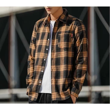 Pengiriman Cepat Kemeja Flanel Motif Kotak Coklat Lengan Panjang Pria Kualitas Import