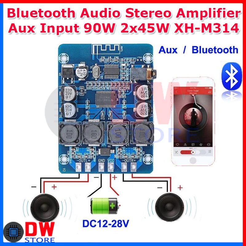 Jual XHM314 90W 2x45W Stereo Bluetooth Power Amplifier Aux Input 12V