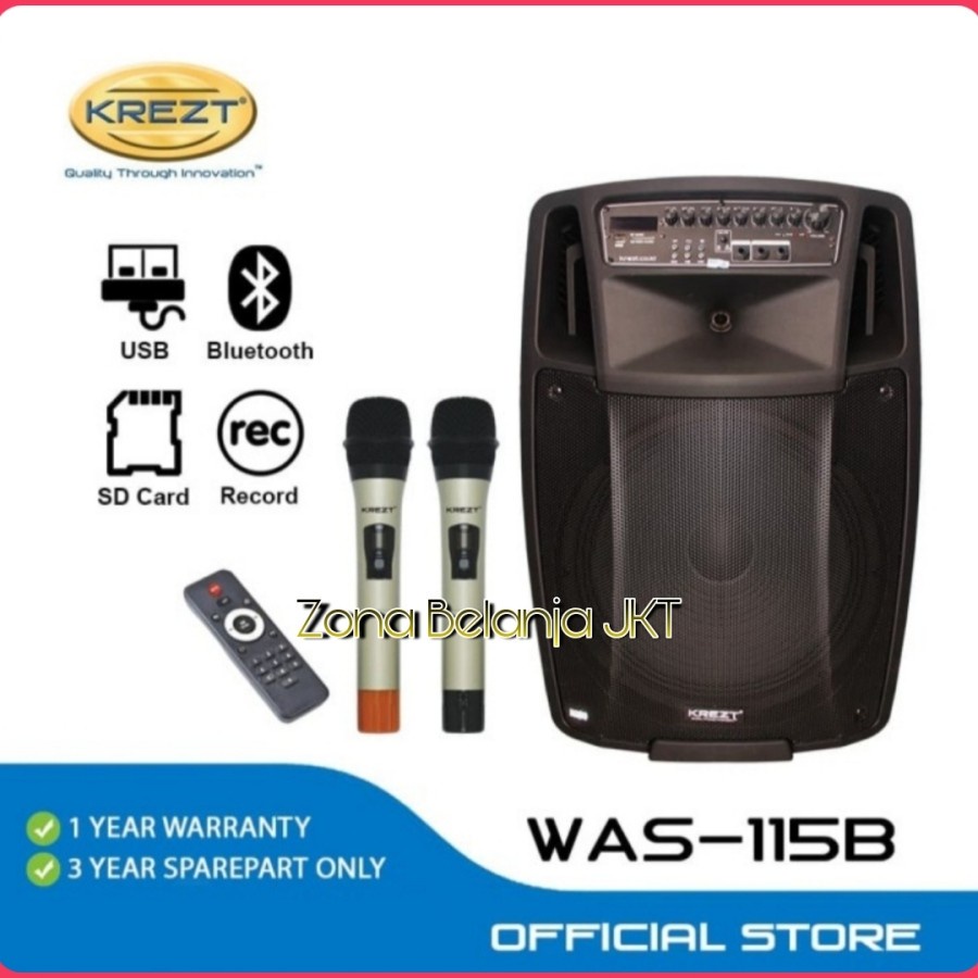 Jual Portable Wireless Speaker Aktif 15 Inch KREZT WAS 115B ( 2 Mic