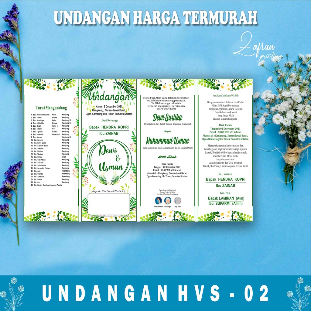 Cetak Undangan Pernikahan Model Terbaru, Murah, Cantik, Motif Hijau Kertas HVS, Cetak 1 Sisi